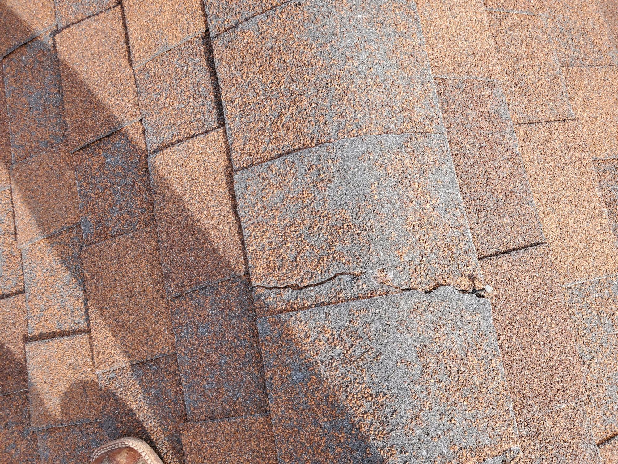 Cracked brown asphalt shingle with granule loss; boot toe visible at the bottom edge of frame, in North Ogden, UT