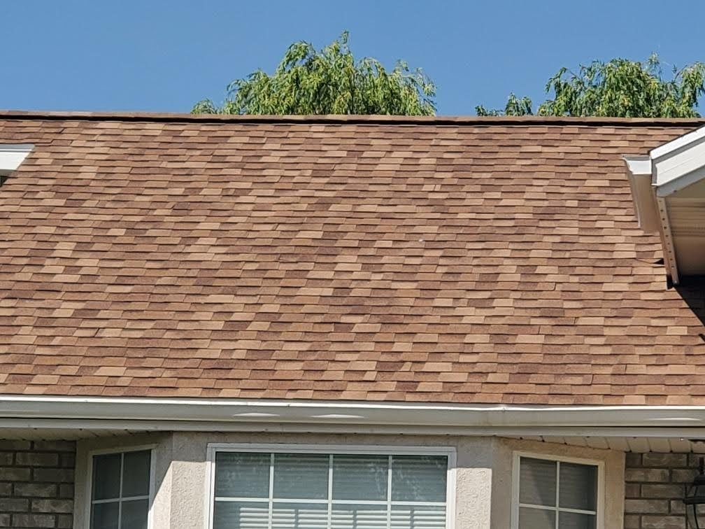 Brown architectural asphalt shingle roof slope with white gutter above a brick and stucco wall with windows